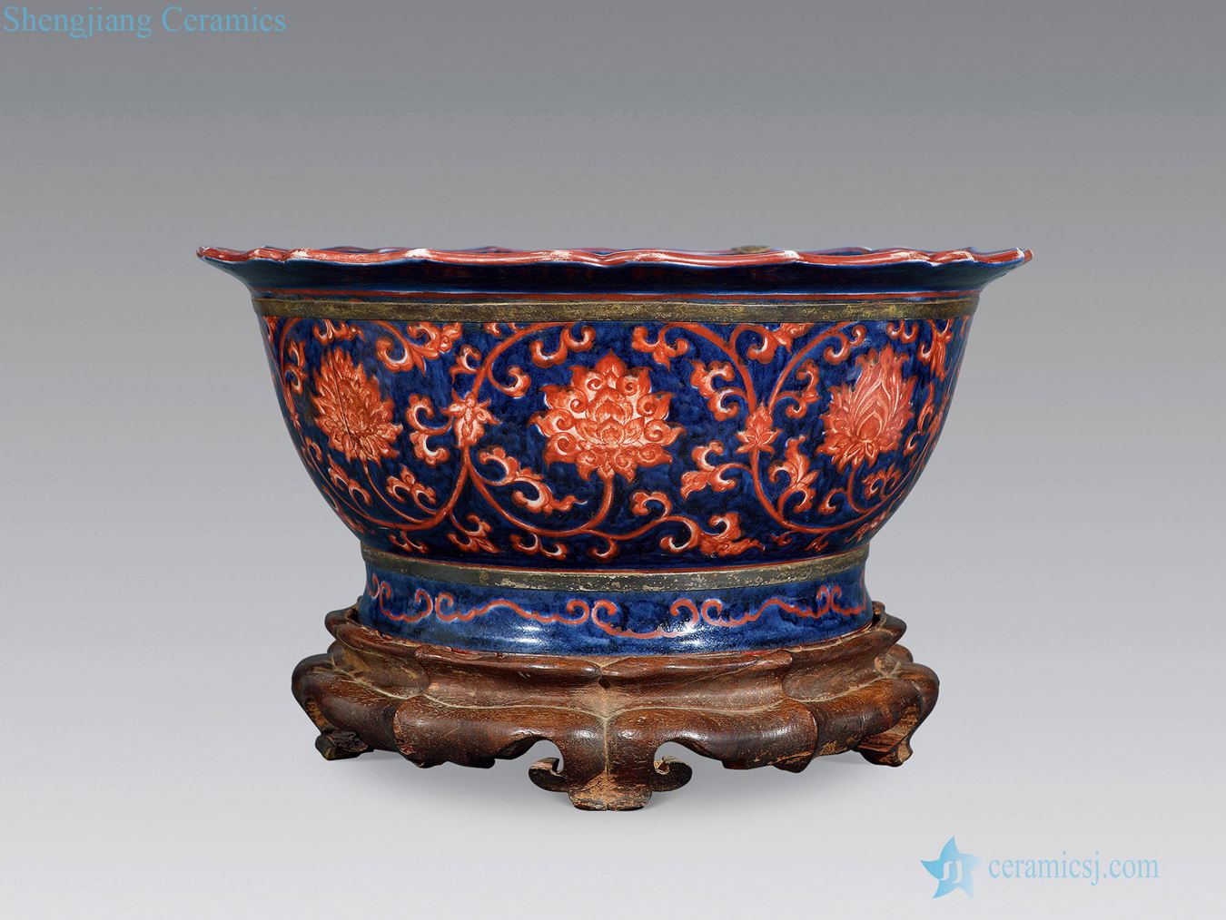 Ming Blue and white alum red branch lotus basin