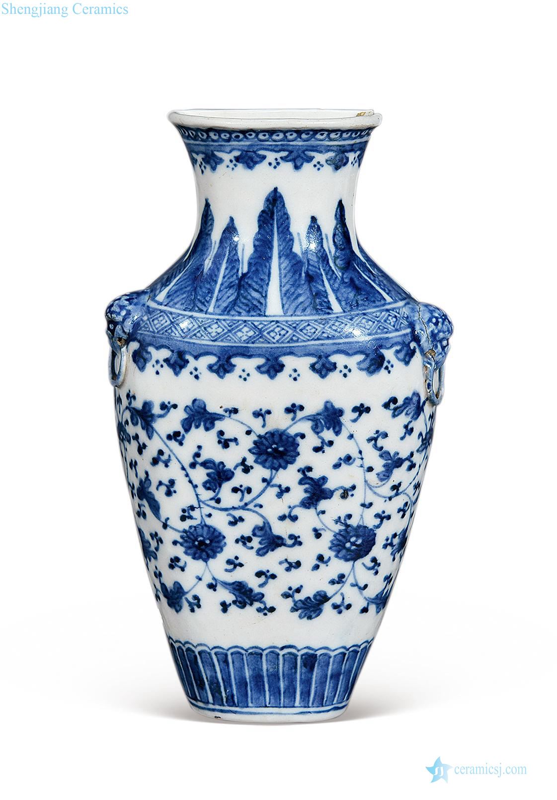 Qing qianlong Blue and white flowers ear wall bottle wrapped branches