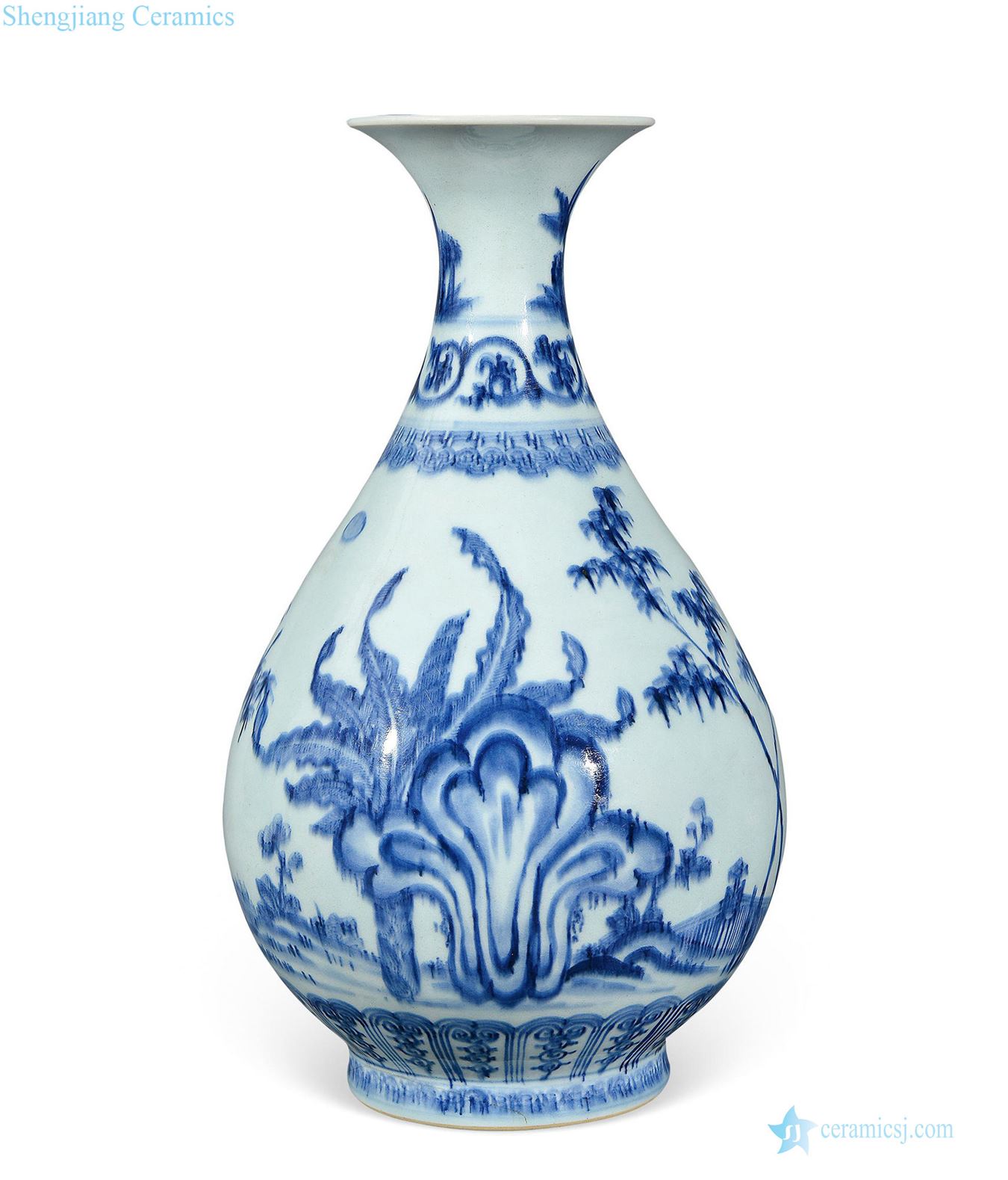 Imitation of the reign of emperor kangxi jintong of blue and white bamboo stone plantain okho spring bottle
