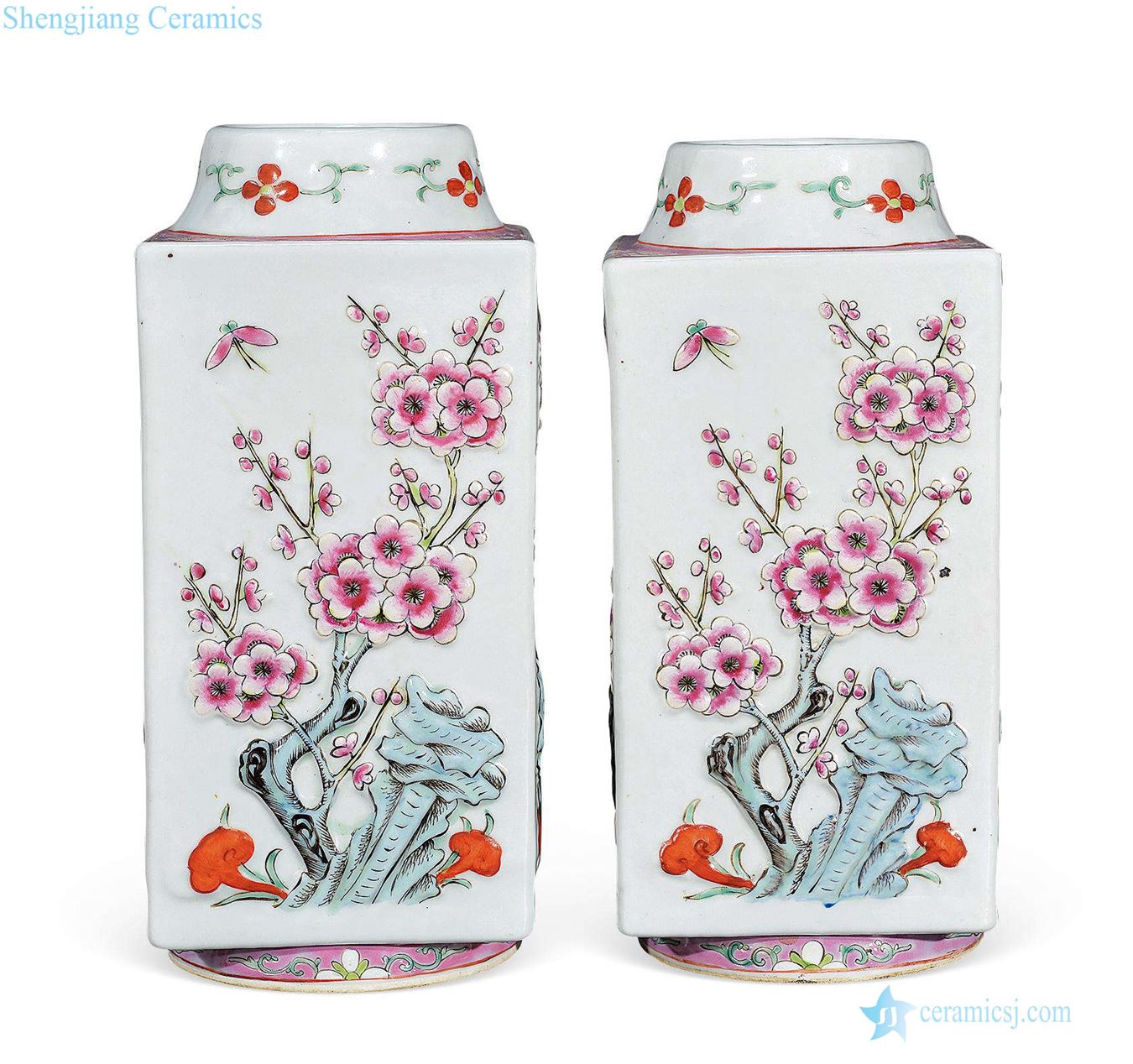 Qing guangxu Carved porcelain enamel plum flower vase (a)