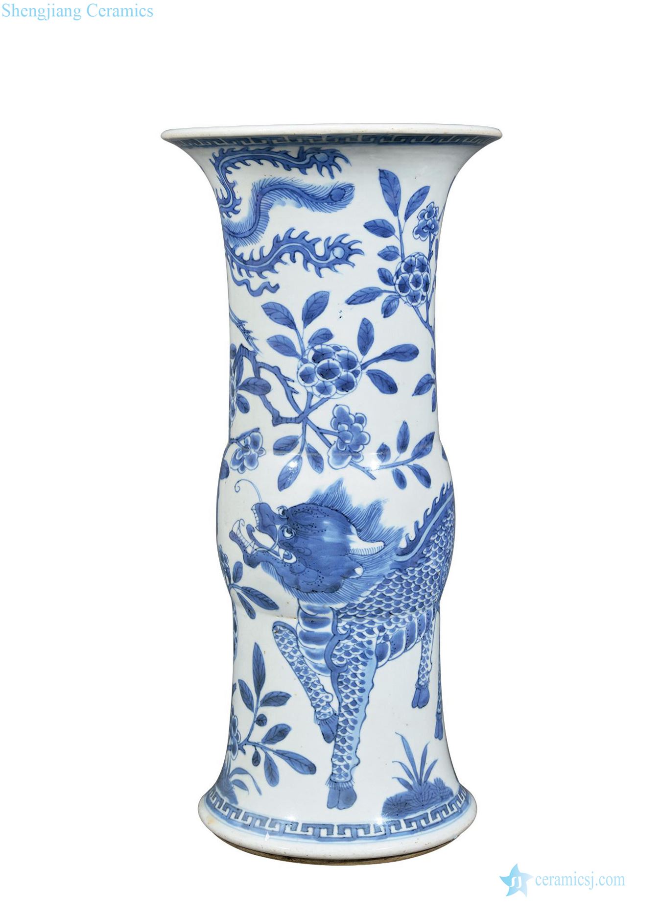 Qing shunzhi Blue and white unicorn dou phoenix flower vase with