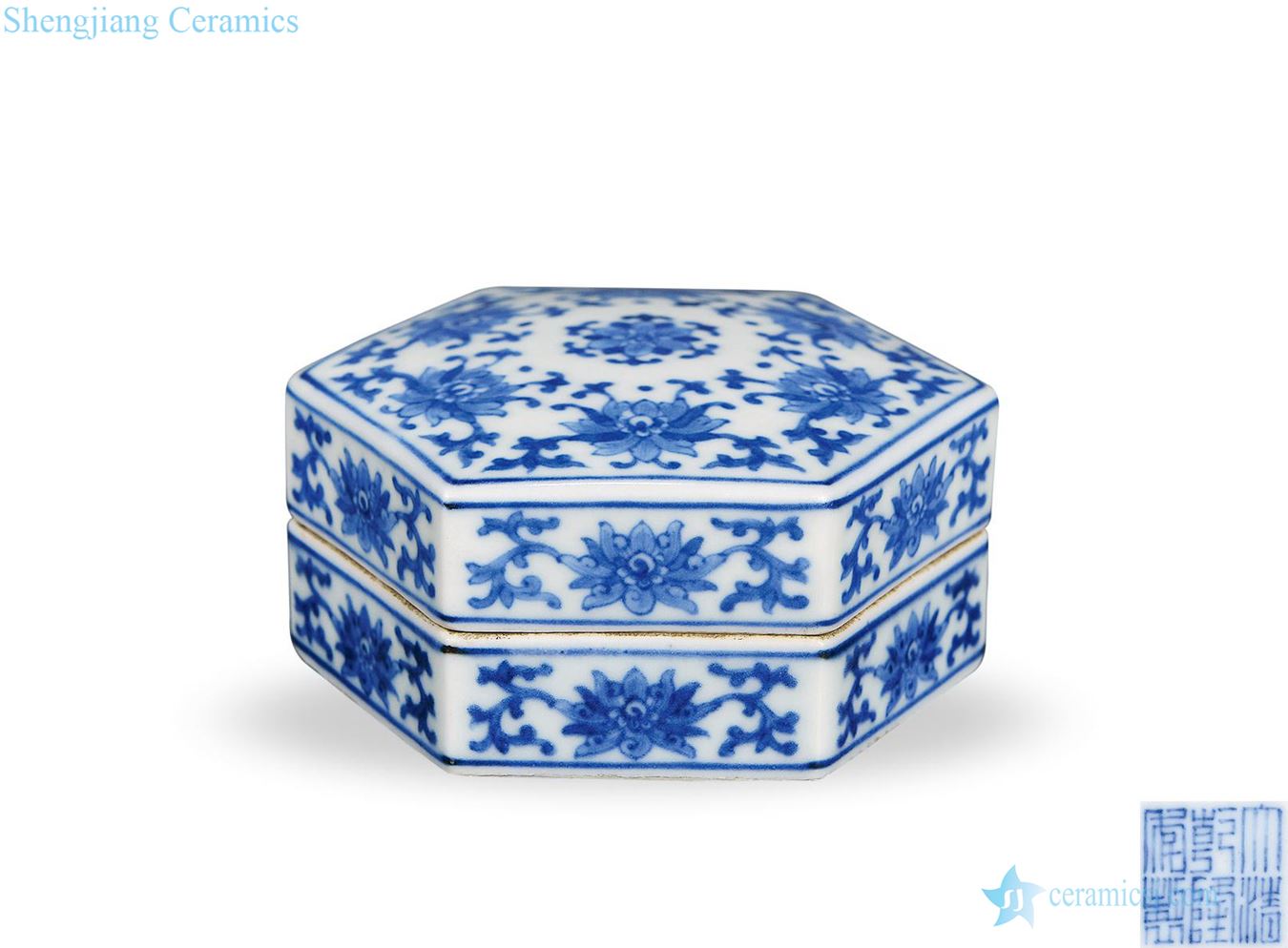 Qing guangxu Blue and white lotus flower six-party cover box