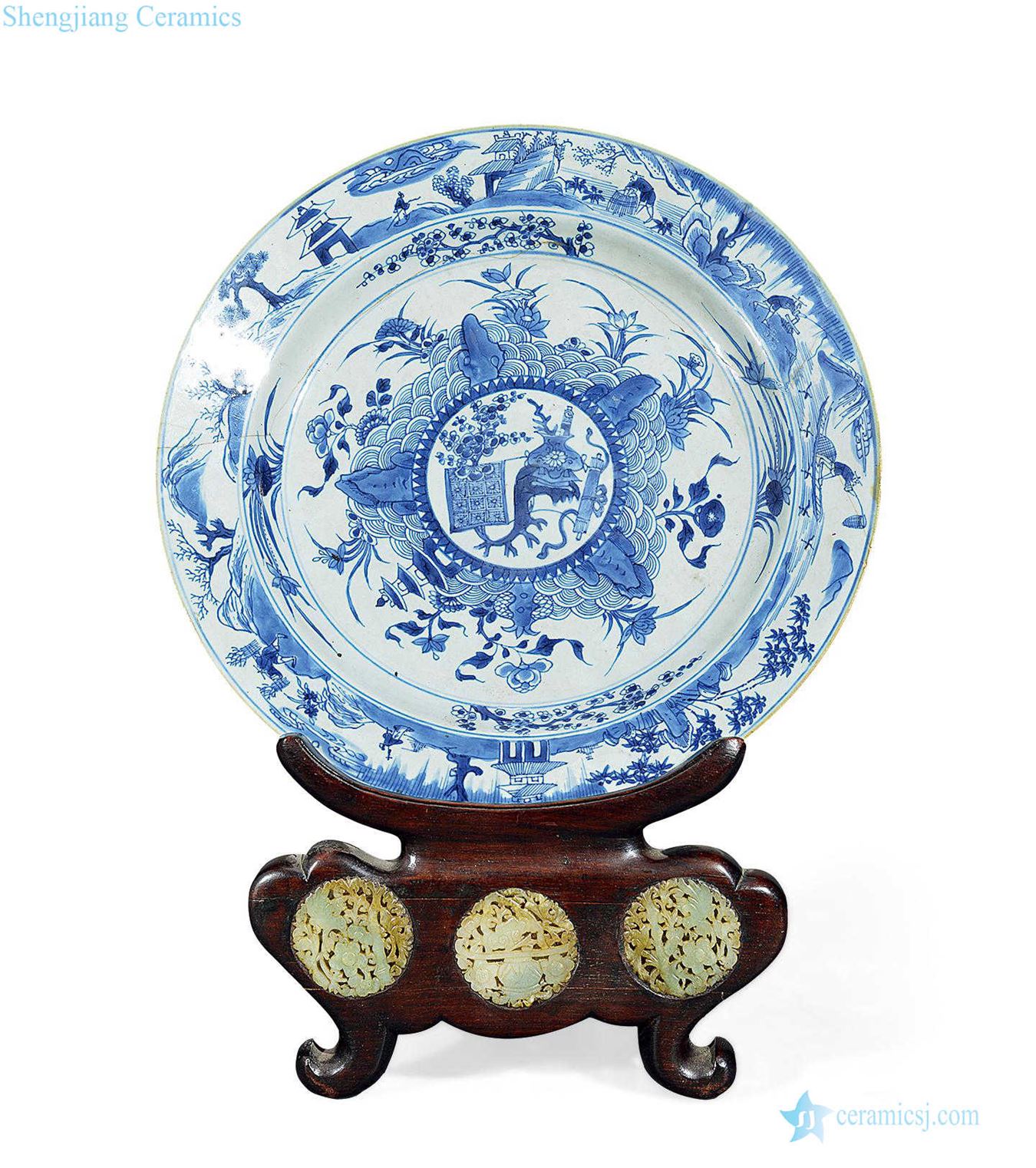 The qing emperor kangxi Blue and white landscape character antique tray