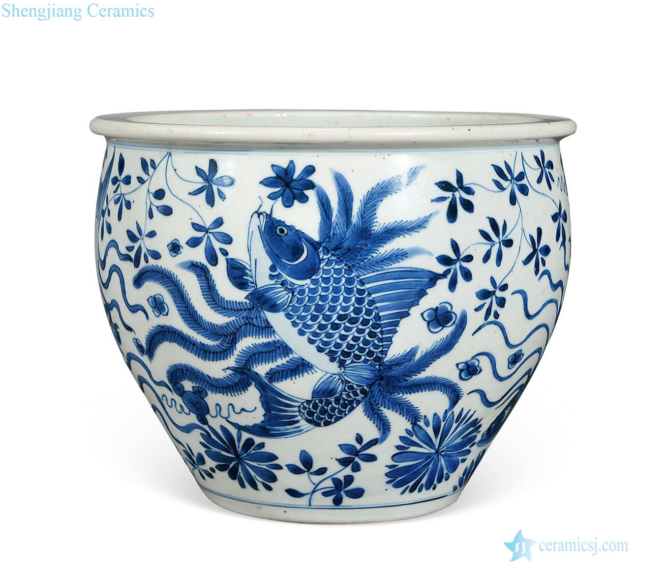 The qing emperor kangxi Blue and white fish grain cylinder
