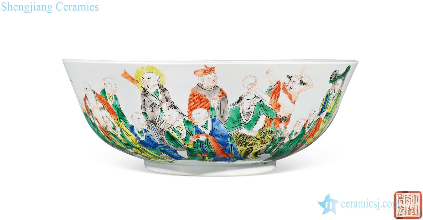 Qing guangxu Multicolored 18 arhats big bowl