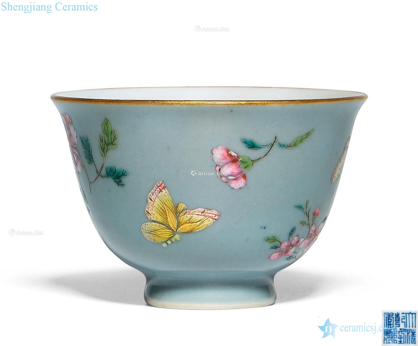 Qing qianlong azure glaze enamel flower grain tea round
