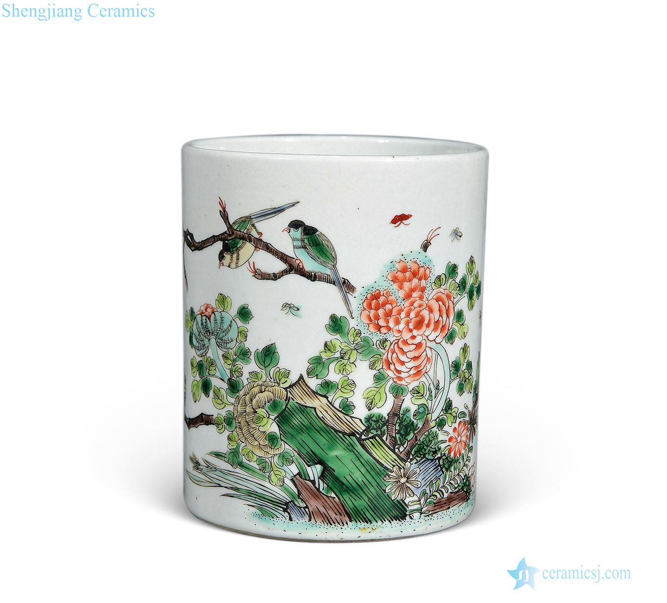 Qing guangxu Colorful flowers and birds figure pen container