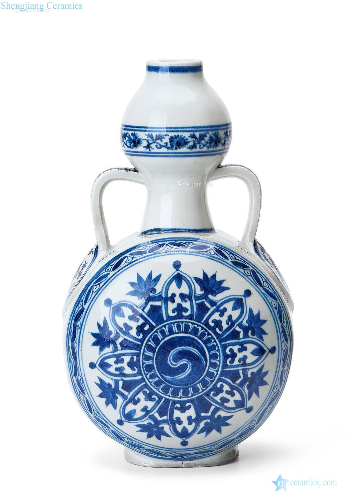 Blue and white round flowers flat ribbon gourd bottle qing yongzheng (month bottle)