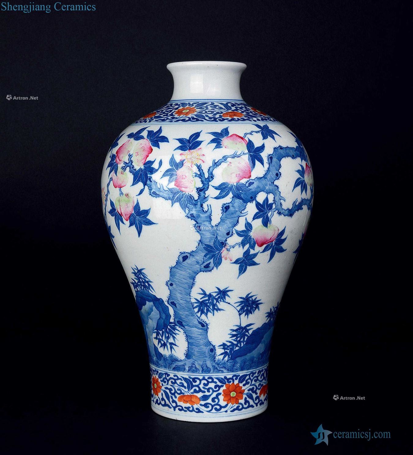 qing Blue and white pastel peach grain mei bottle