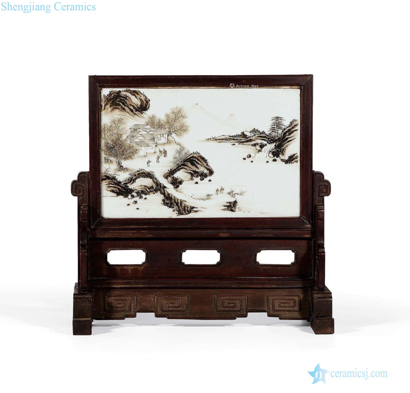 Qing yongzheng color ink landscape character grain porcelain plate plaque