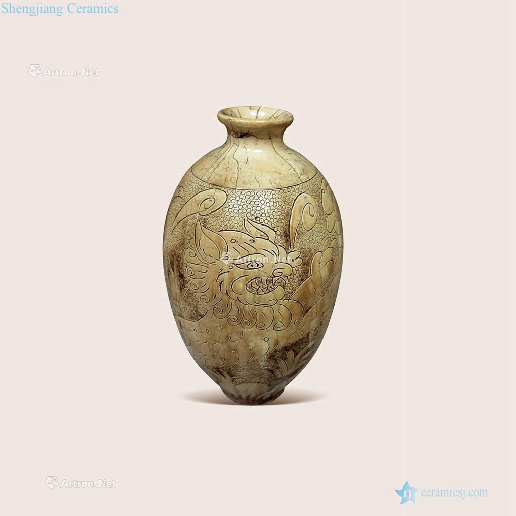 The song dynasty Magnetic state kiln white glazed carved lions grain olive bottle