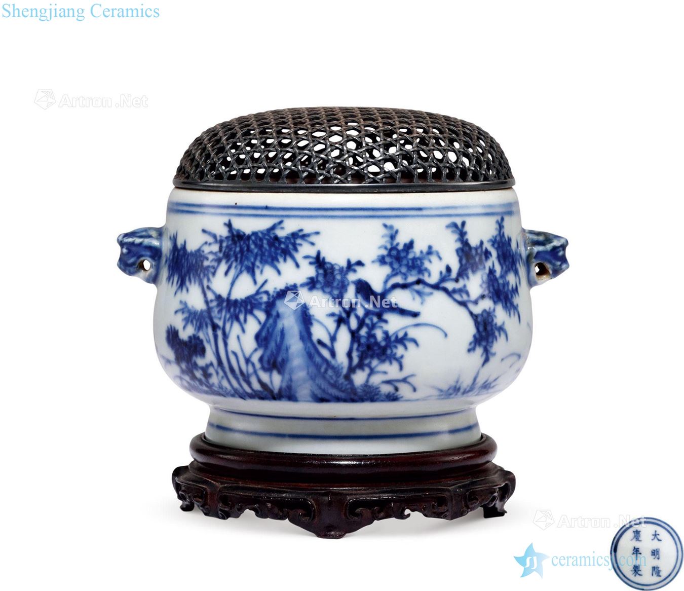 Ming longqing Blue and white flower on grain beast ear incense burner
