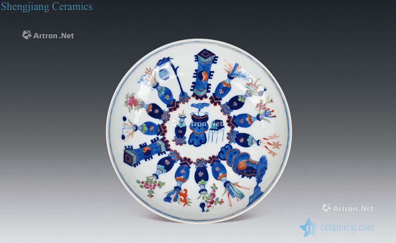 Qing xuantong Blue and white enamel 18 auspicious tray