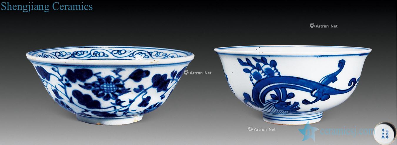 Ming blue and white PanChi, chrysanthemum bowl bound (two)