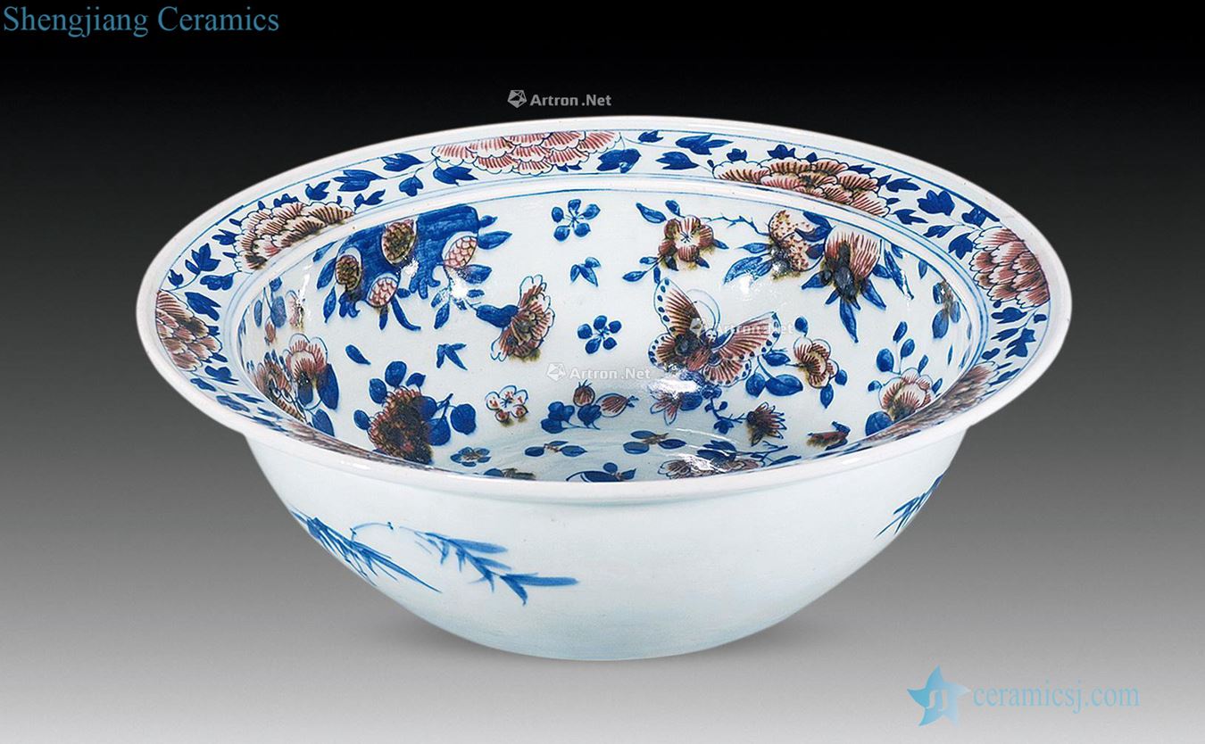 Qing dynasty blue-and-white youligong red flower butterfly basin