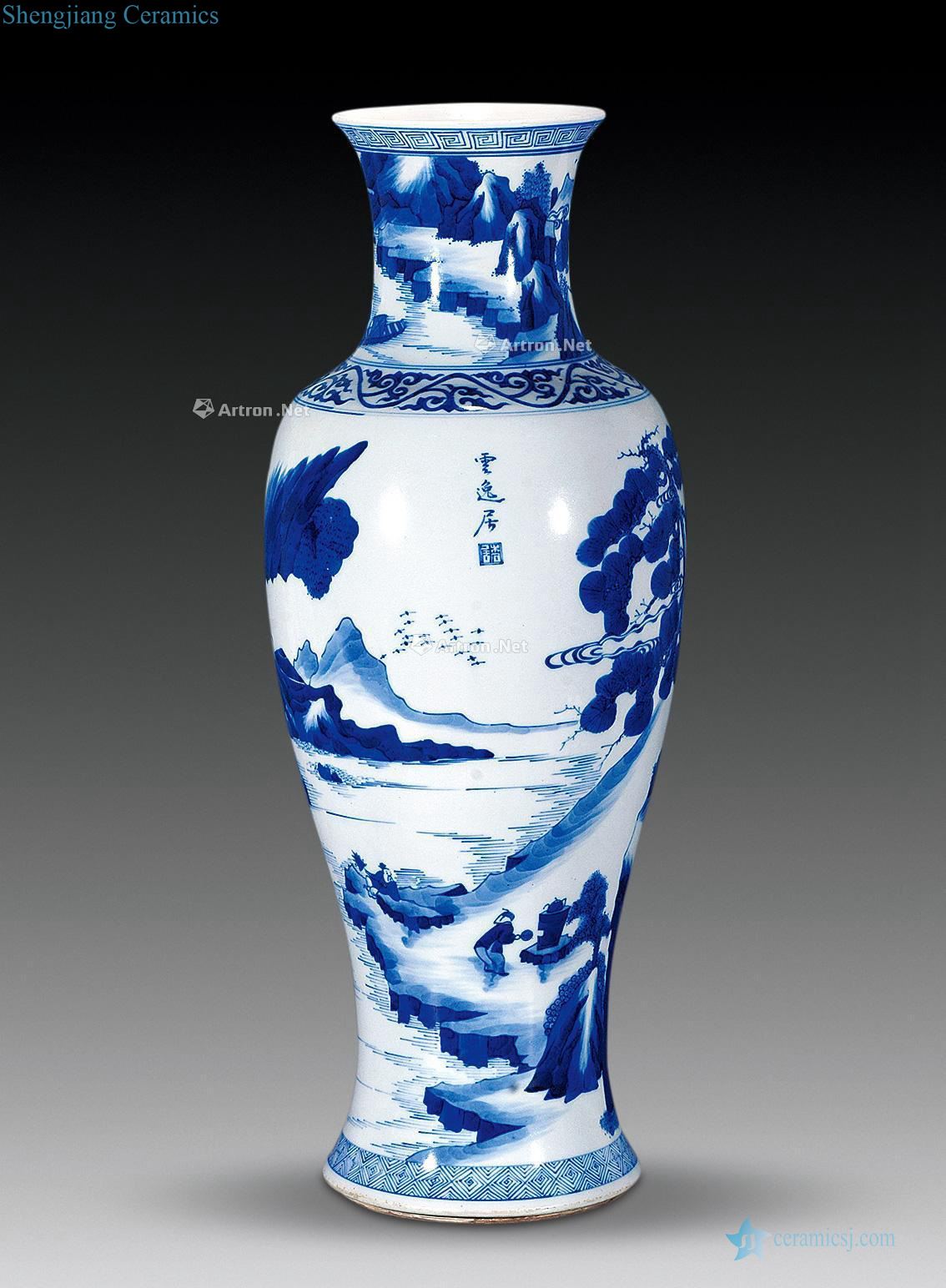 The qing emperor kangxi Blue and white YunYi landscape goddess of mercy bottle