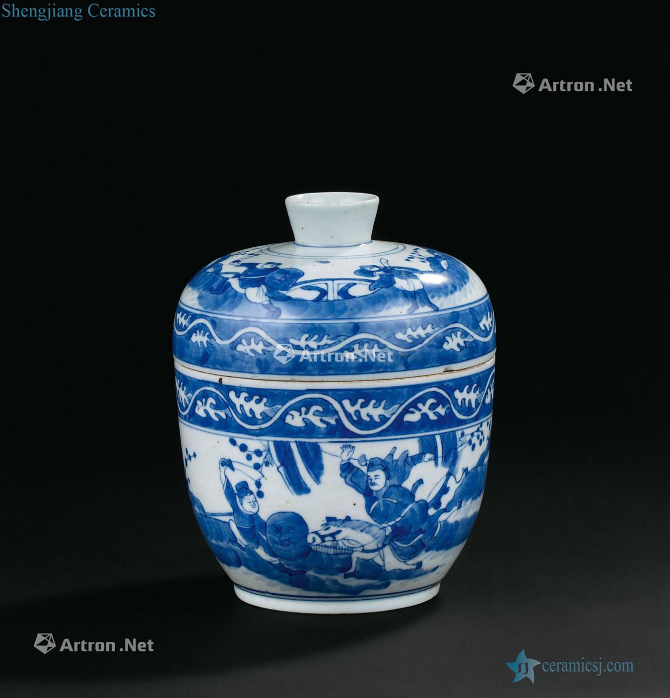 In the Ming dynasty (1368-1644) blue and white horse riding character lines cover tank