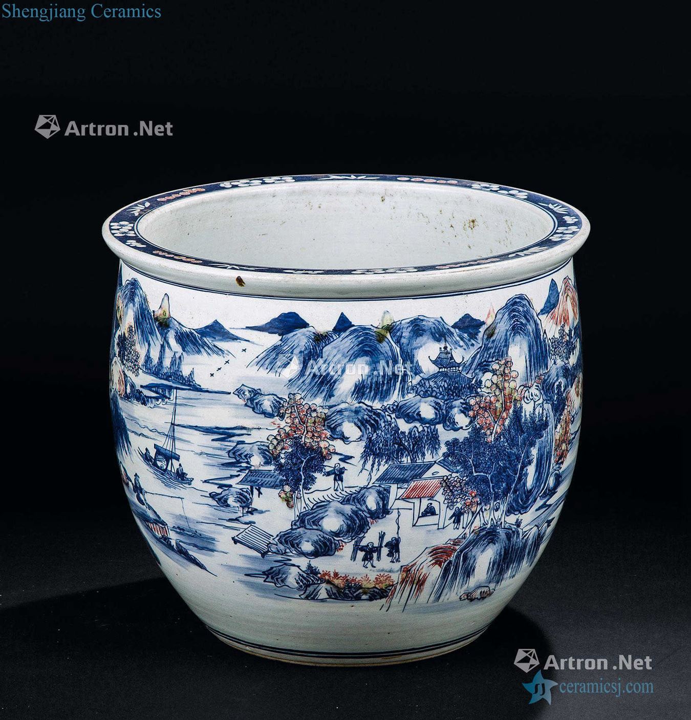 In the qing dynasty (1644-1911) blue and white lines cylinder youligong landscape characters