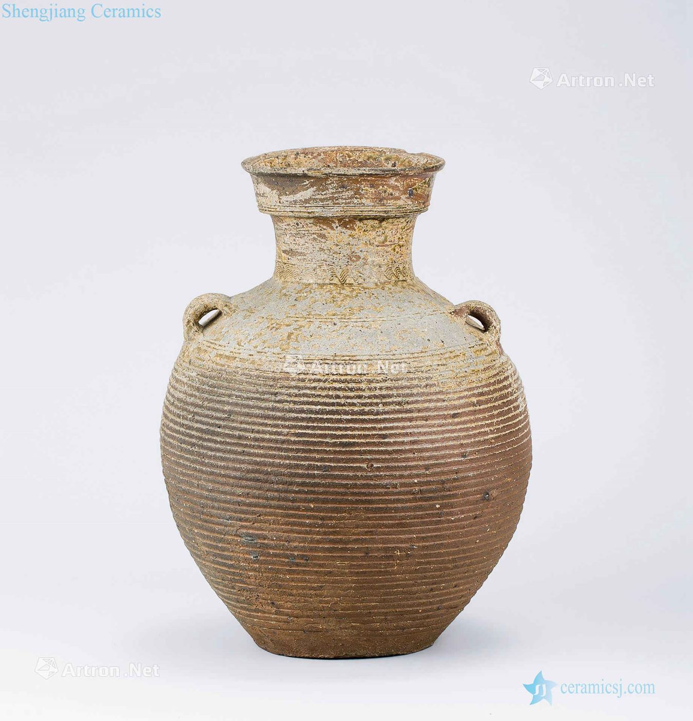 Han dynasty (206 A.D. 220 - b.c) ash glaze binaural pot of string pattern