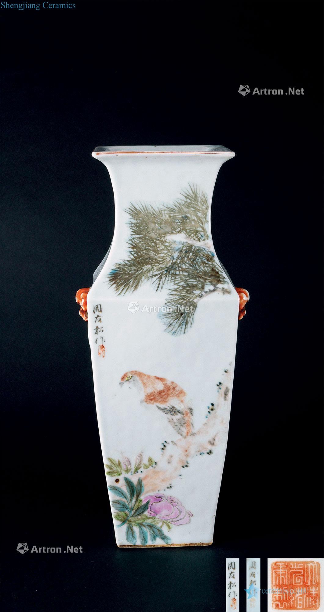 Zhou Yousong qing dynasty (1644-1911) for pastel lines of poetry and double lion ear square bottles