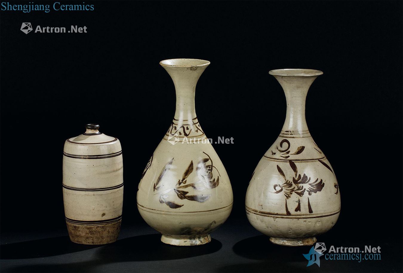 The song dynasty (960-1279) magnetic state kiln flower grain okho spring bottle Small magnetic state kiln mouth bottle (three a group)