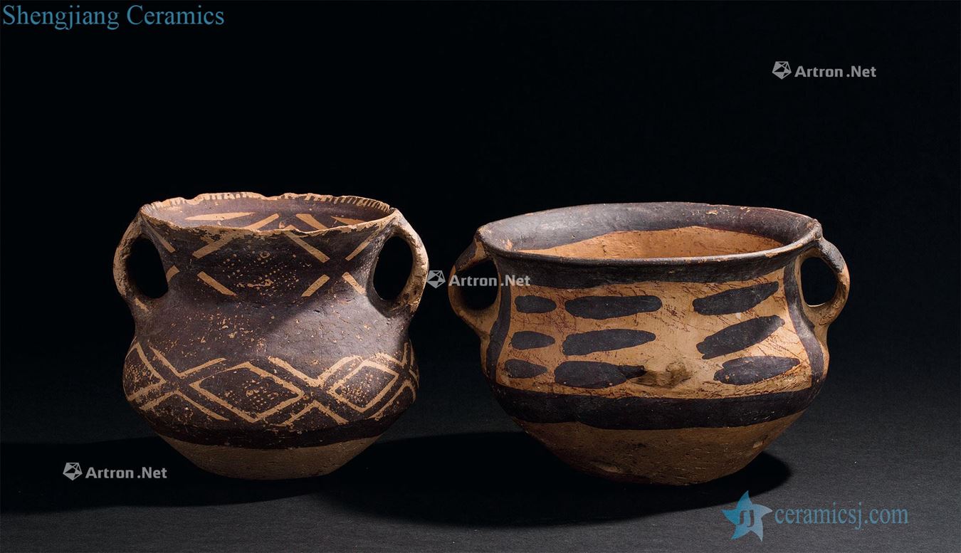 Yangshao culture (5000-3000 - b.c) painted pottery line stripes binaural pot two things (group a)