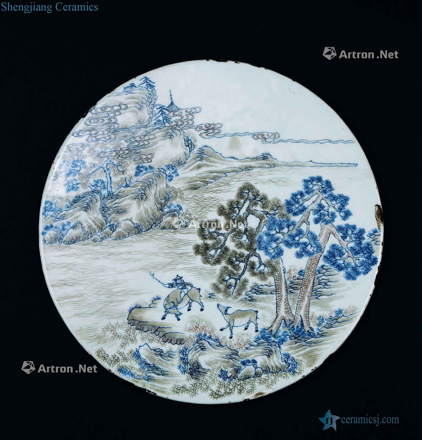 In the qing dynasty (1644-1911) blue and white porcelain plate youligong cattle grain