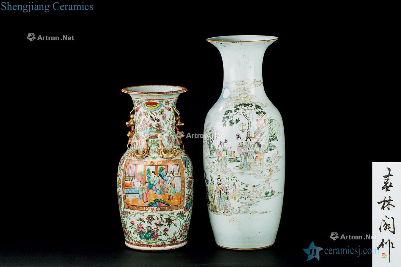 In the qing dynasty (1644-1911), pastel character story lines bottles of famille rose medallion characters story double ears two things (group a)