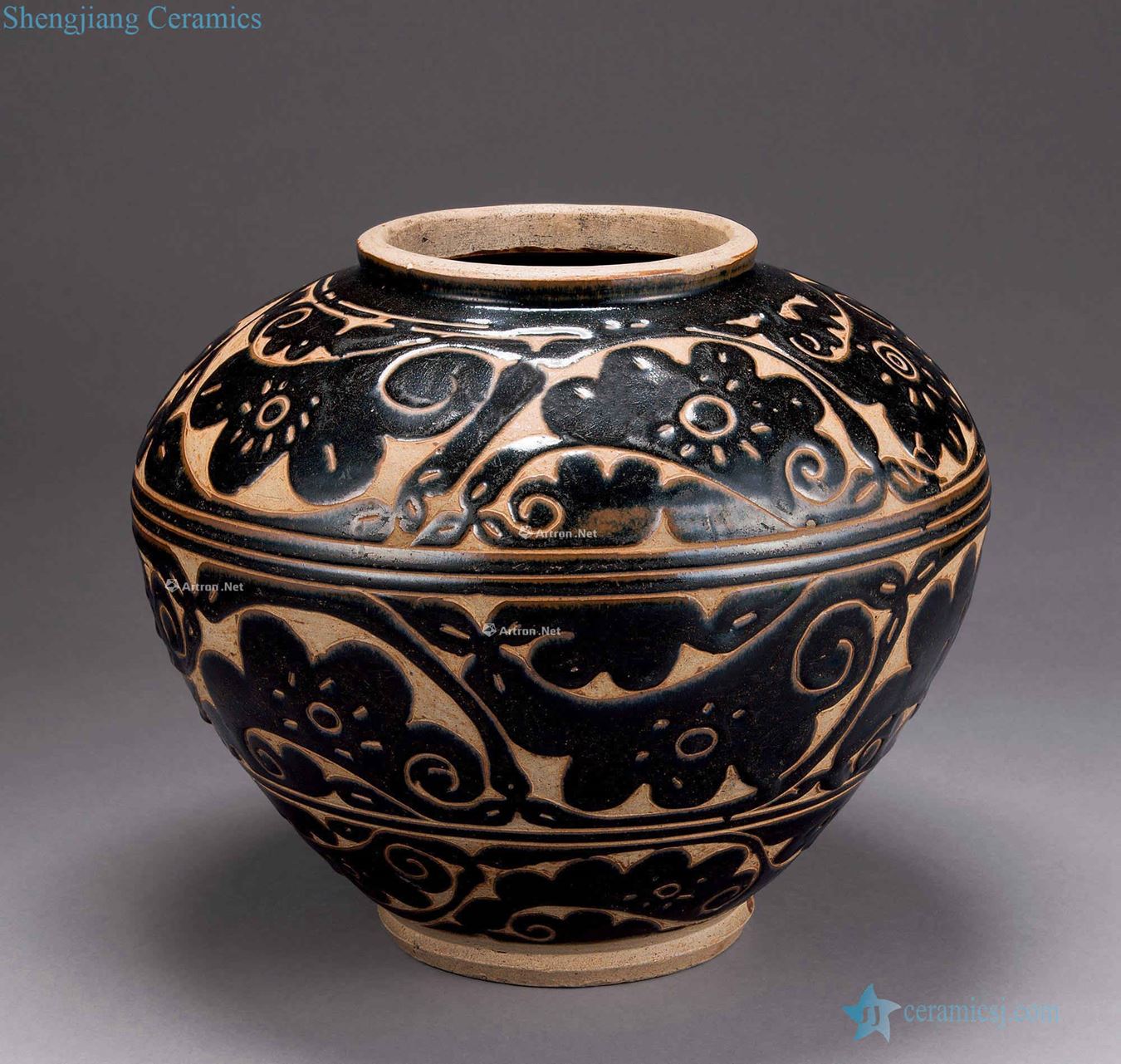 Yuan and Ming Shanxi black glazed carved flower pot