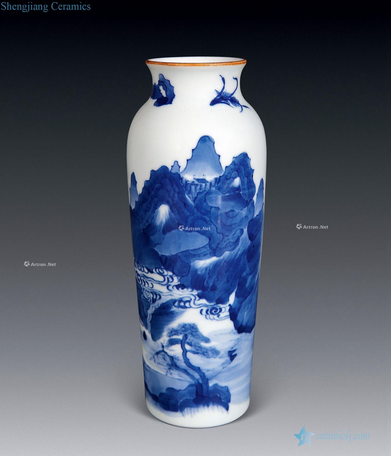 Kangxi blue-and-white scenery like legs bottle