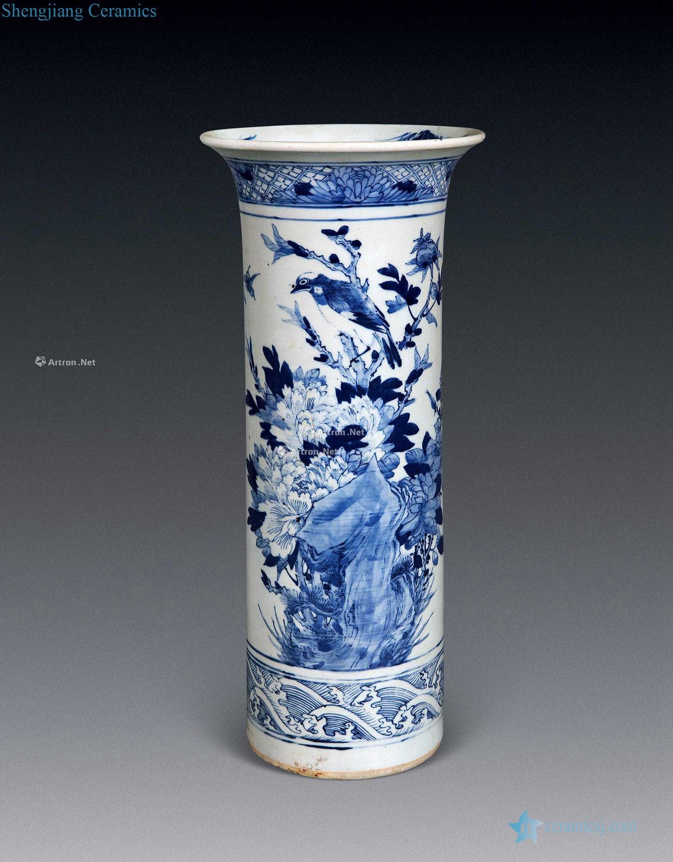 guangxu Blue and white straight vase with flowers