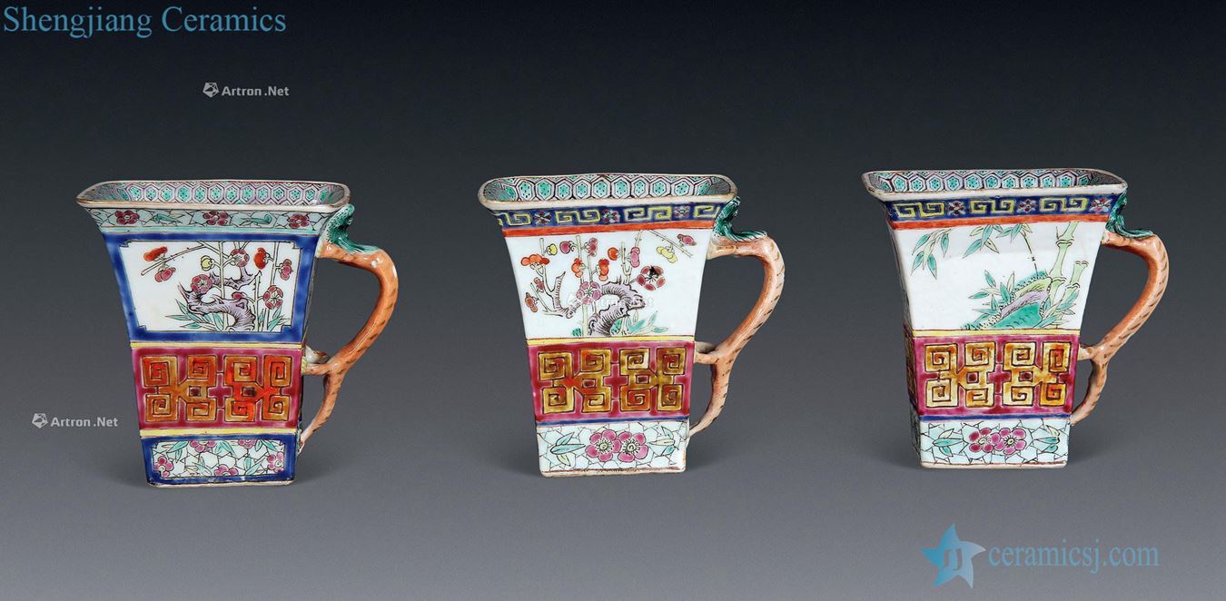 Qianlong pastel medallion shochiku mei funnel of ear square cup (three)