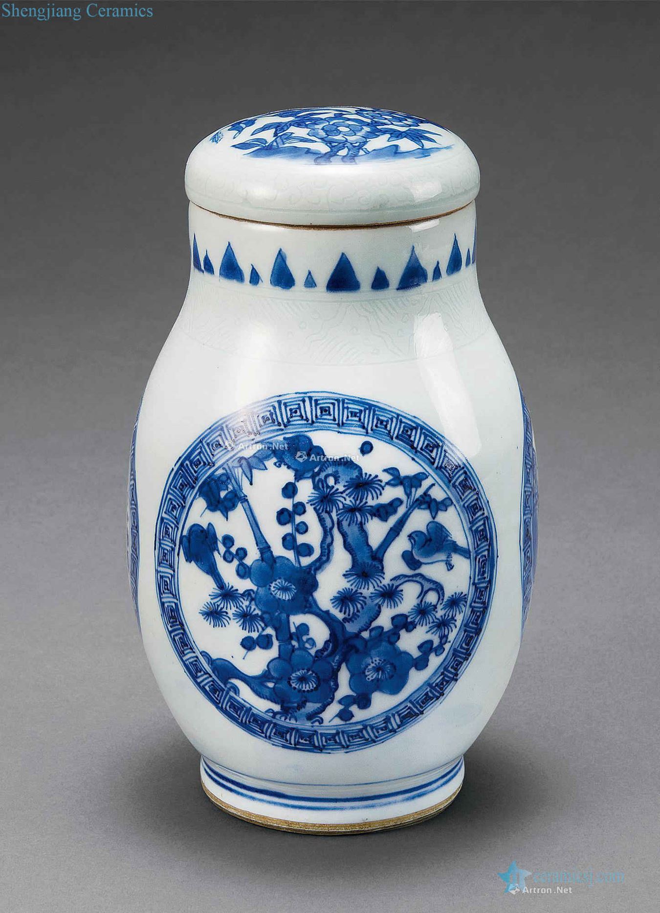 Ming chongzhen Blue and white medallion shochiku mei poetry cover pot lotus seed