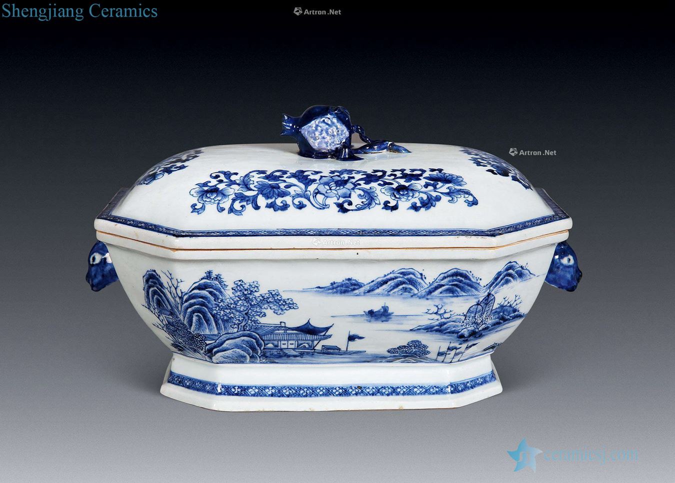 Blue and white peach qianlong button deer head ears with cover landscape soup basin
