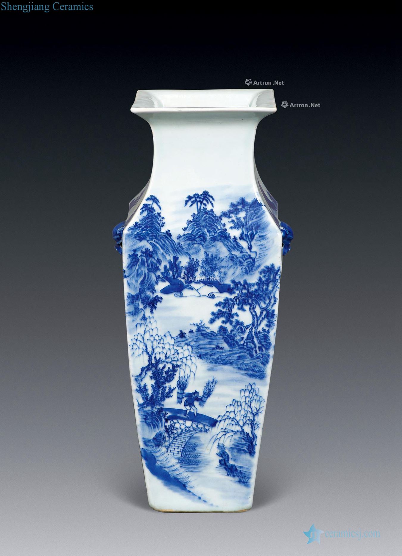 In late qing dynasty Blue and white landscape square bottles