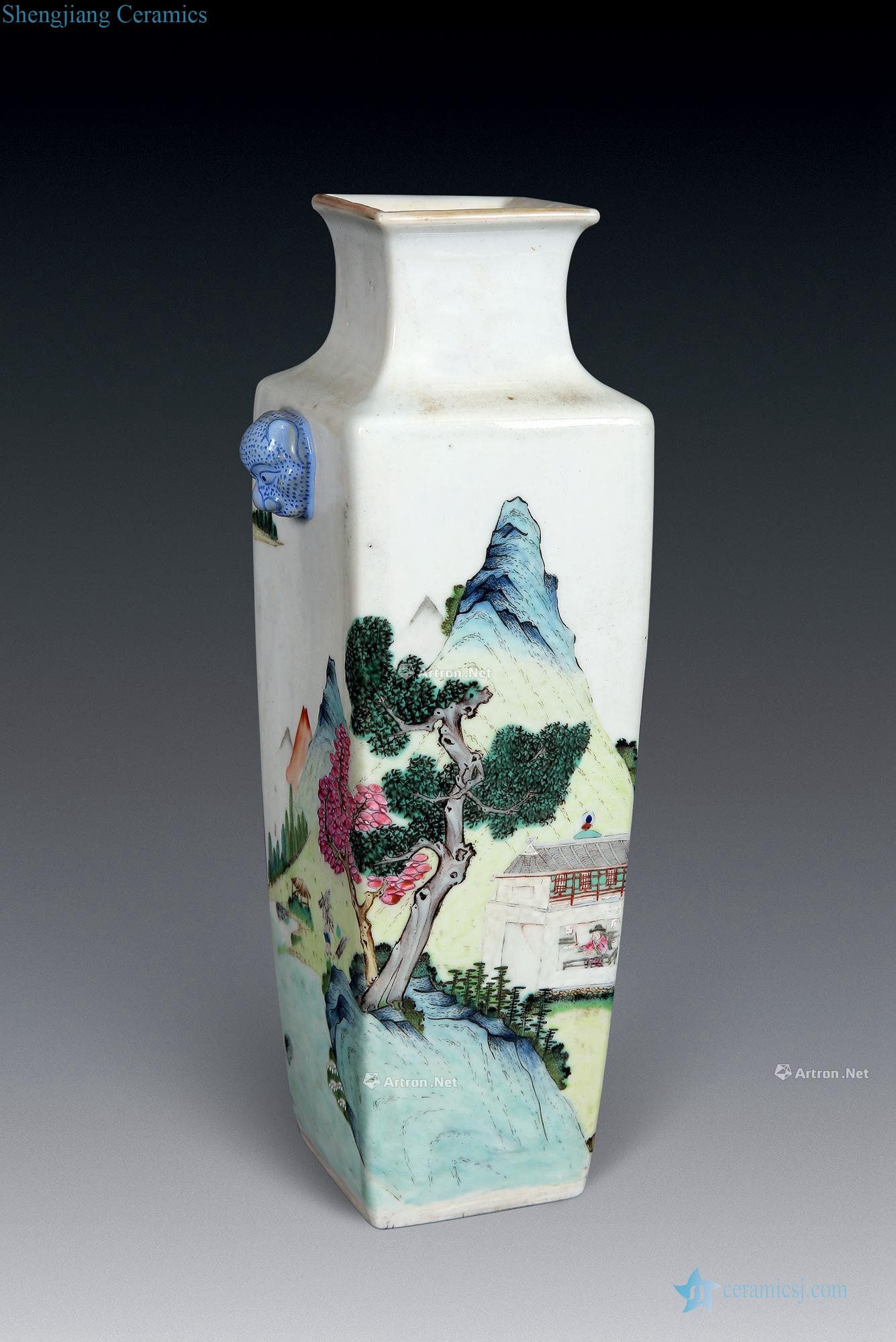 Guangxu pastel landscape character lines sifang beast ear bottles