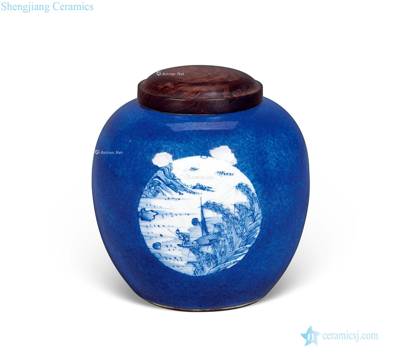 In the qing dynasty Blue glaze medallion landscape character canister