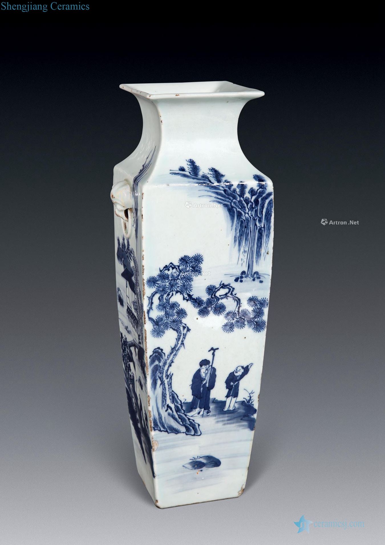 Mid qing Blue and white landscape square bottles
