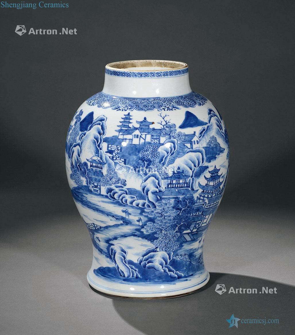 Qing qianlong Blue and white landscape character general tank