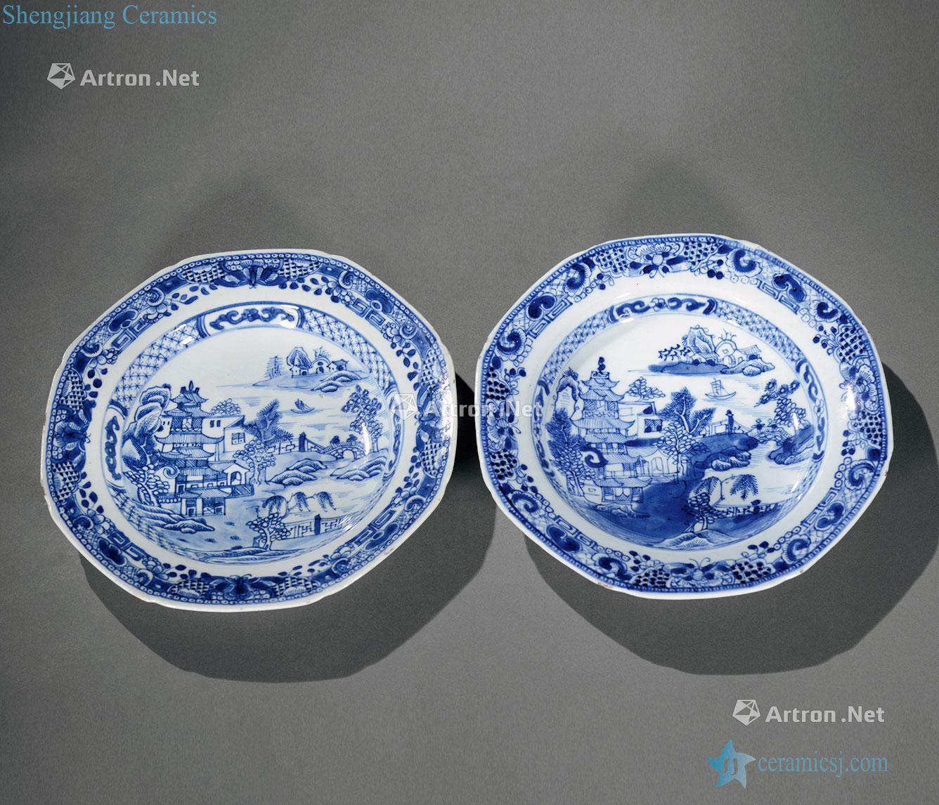 The qing emperor kangxi Blue and white landscape character eight square plate (two)