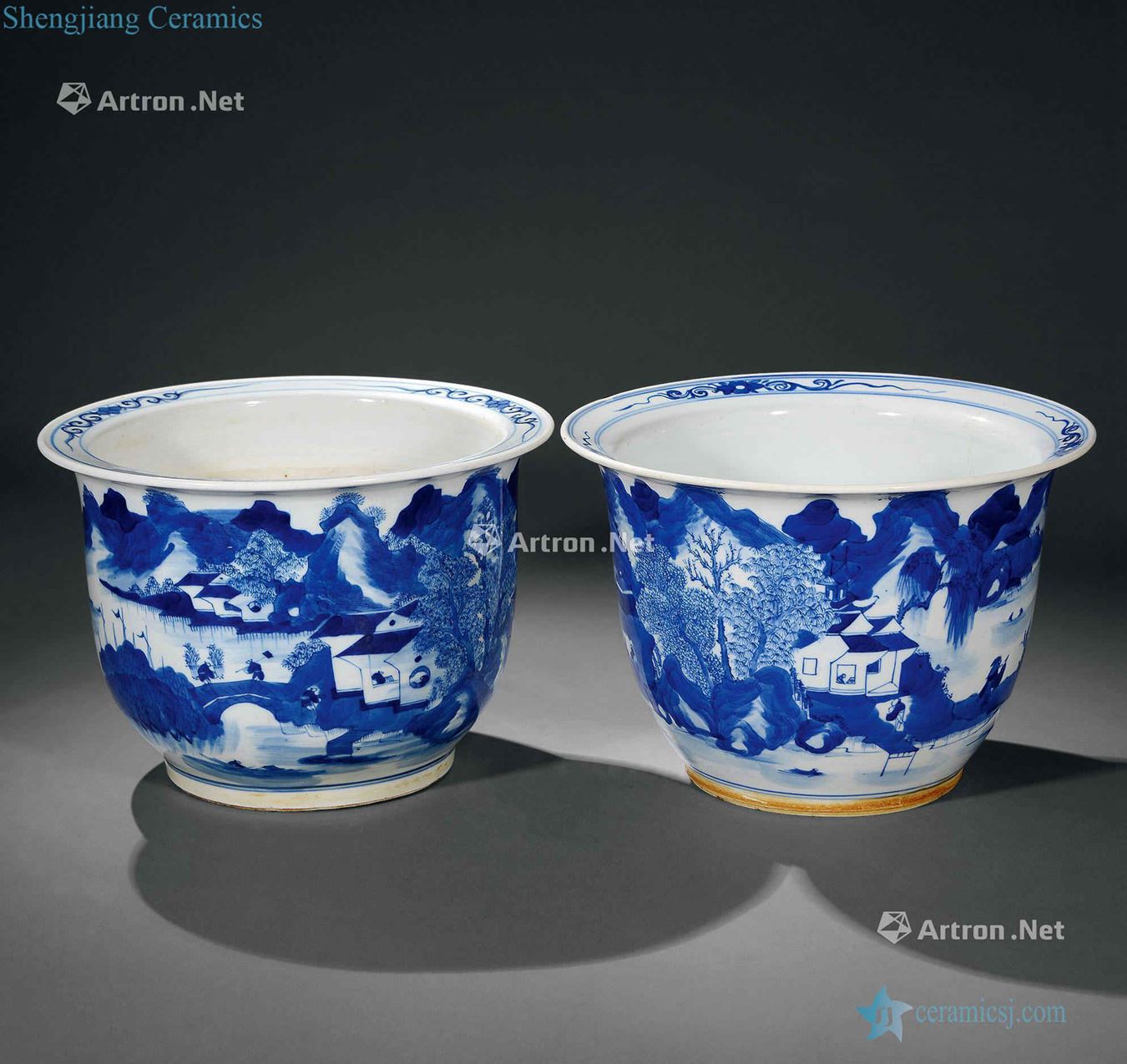 qing Blue and white landscape character flower pot (a)