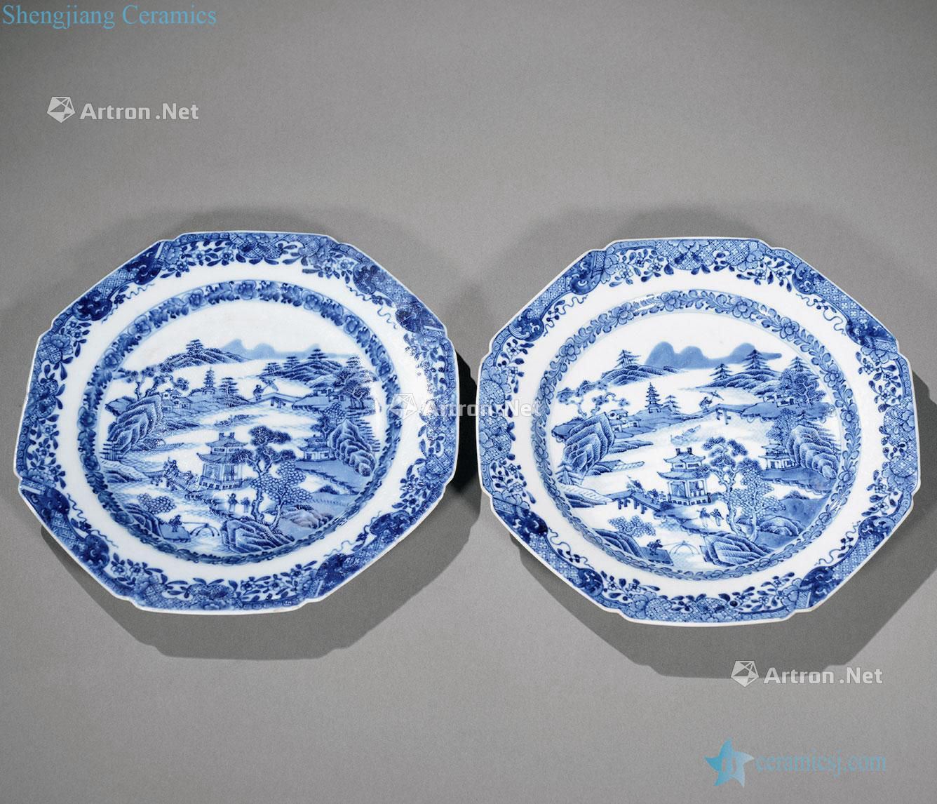 Qing qianlong Blue and white landscape character square plate (a)