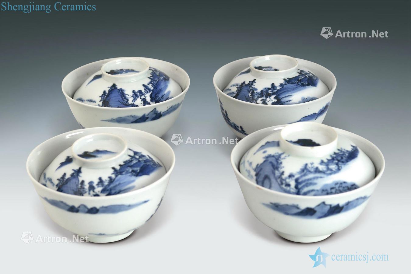 qing Blue and white landscape pattern tureen (a group of four pieces)
