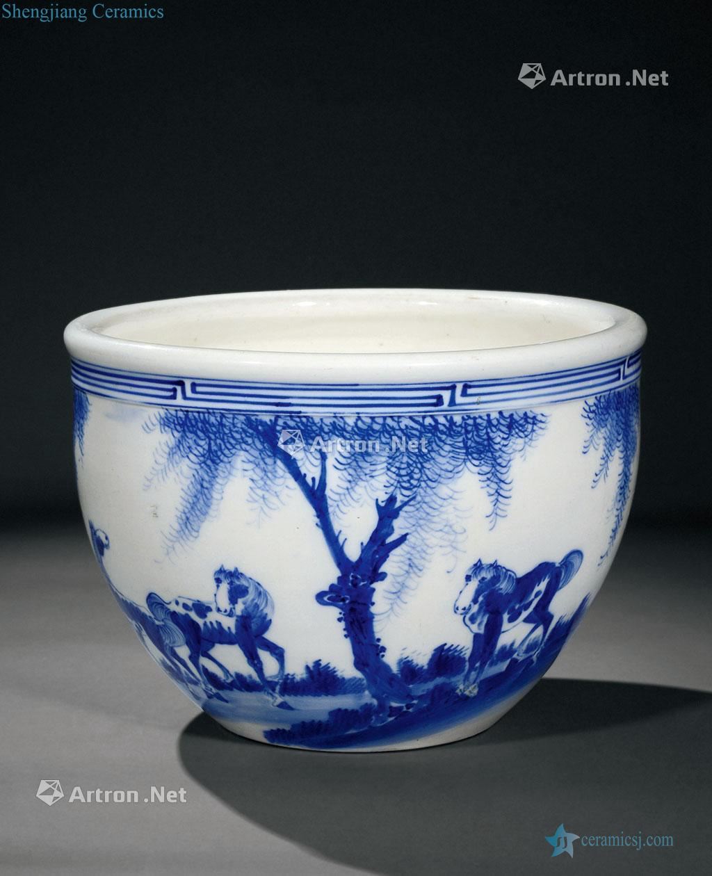 Qing dynasty blue and white horse beings cylinder