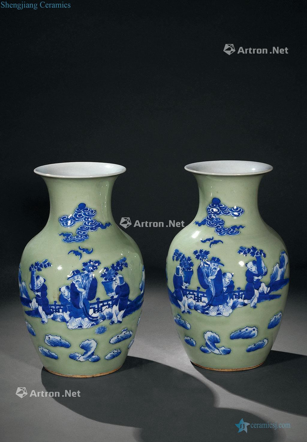 Qing dynasty blue and white love pea green chrysanthemum TuShang bottle (a)
