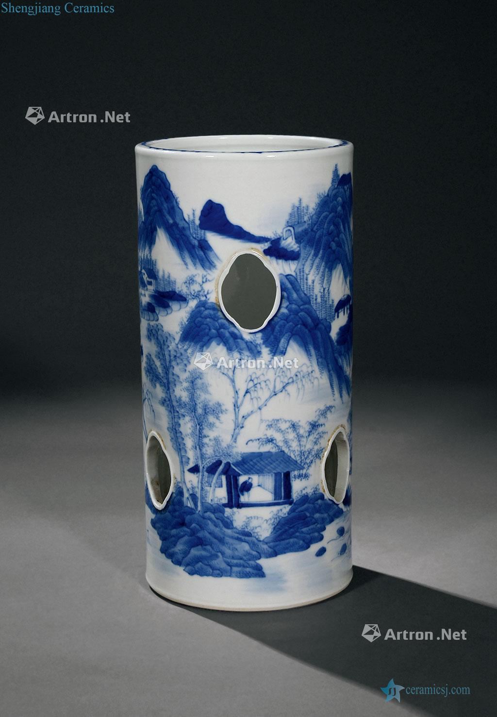 qing Blue and white landscape character medallion cap tube