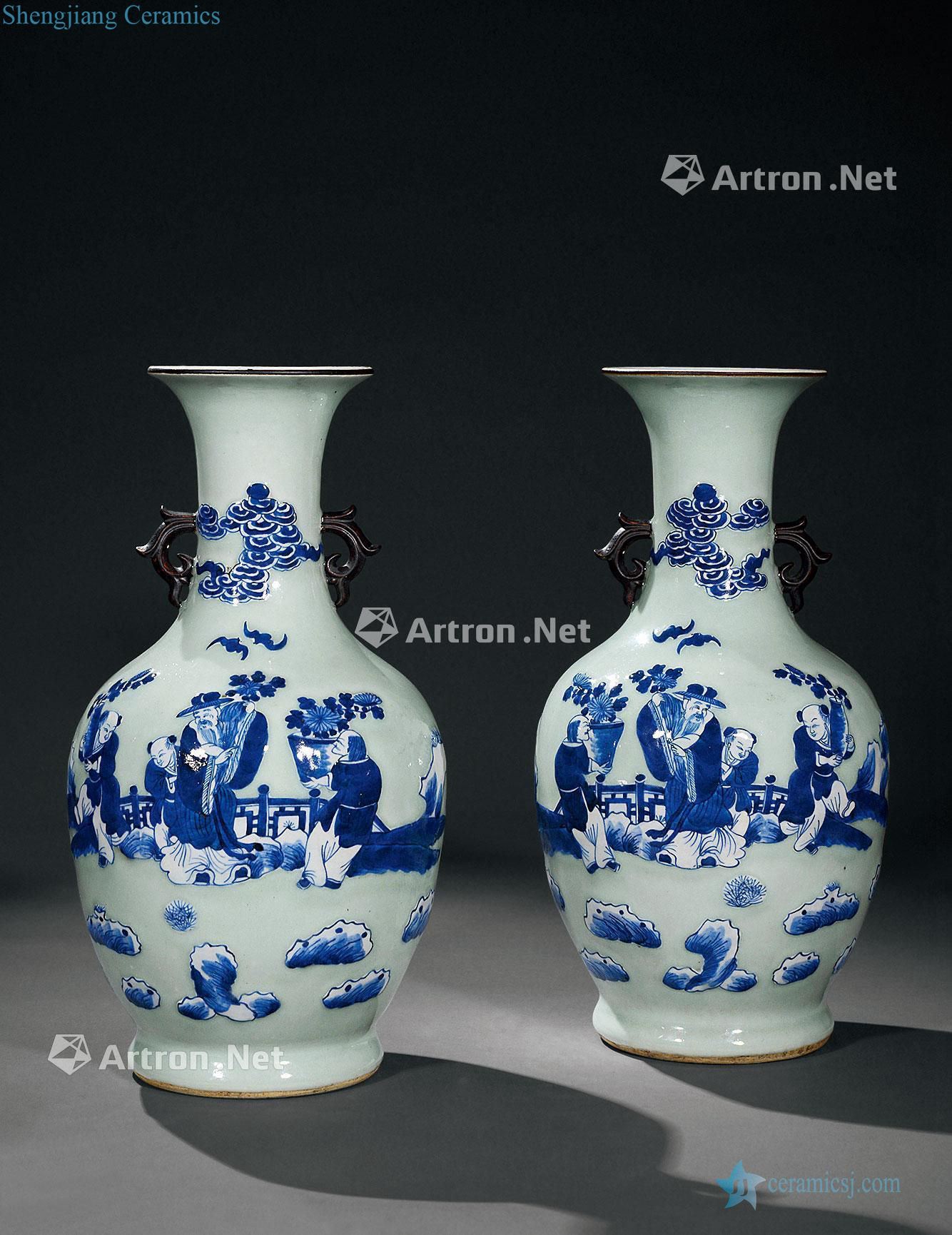 Qing dynasty blue and white love pea green chrysanthemum bottle with a pair of (a)
