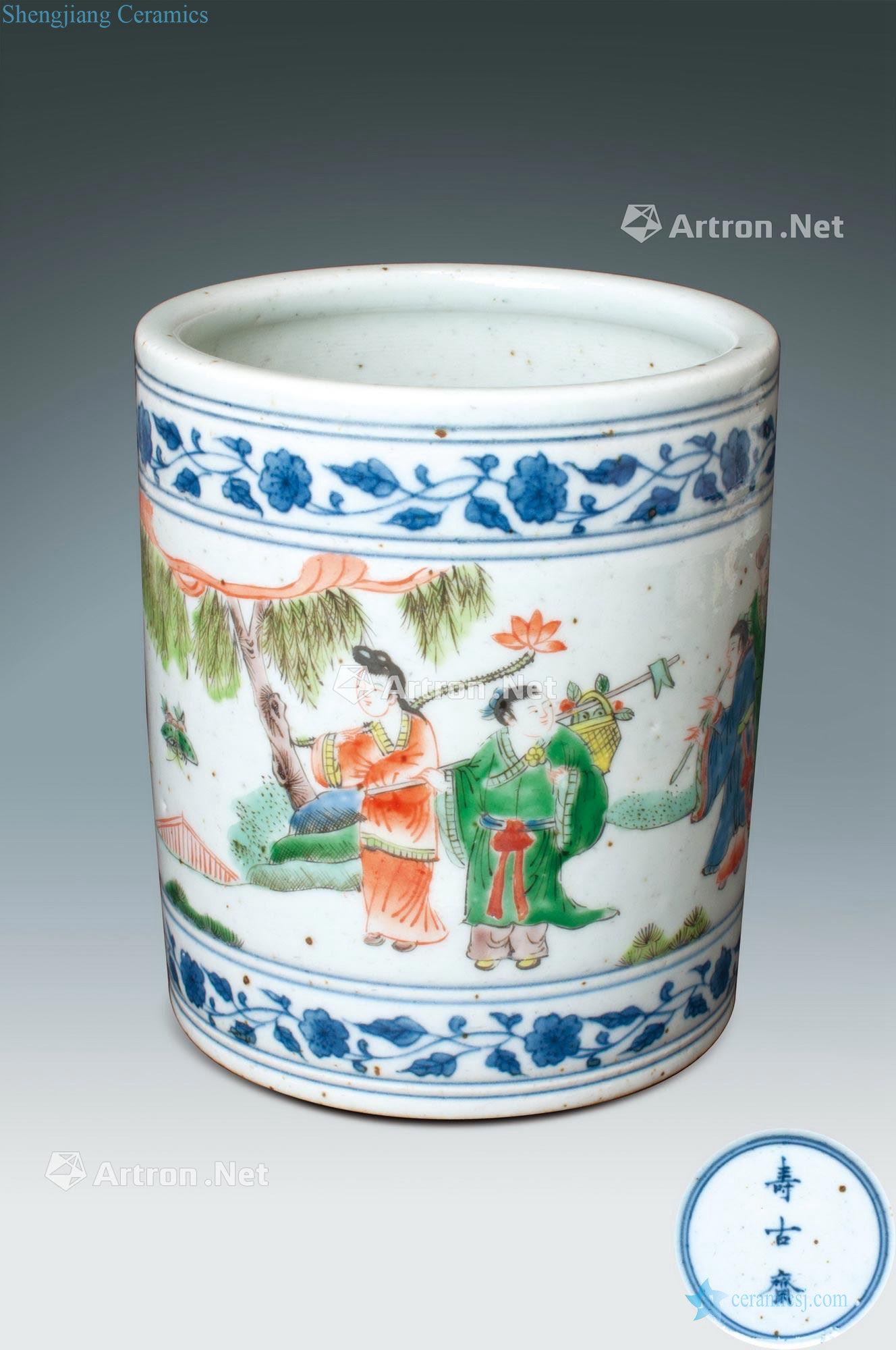 qing Blue and white colorful eight immortals brush pot