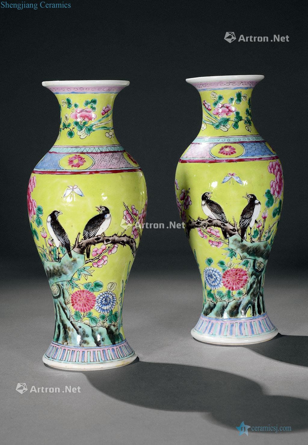 qing Yellow with colorful flowers and birds goddess of mercy bottle (a)