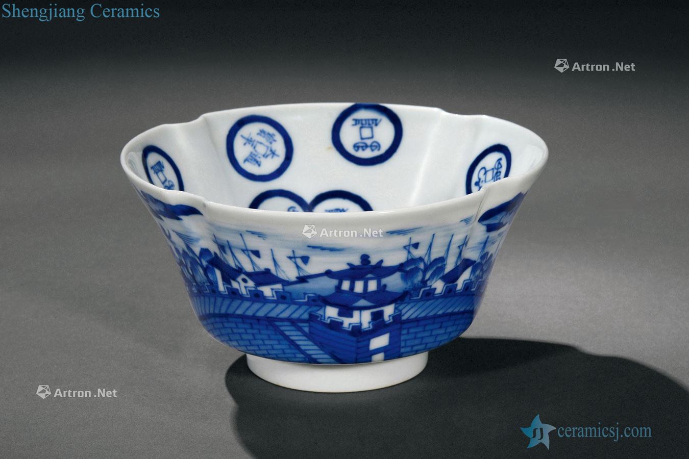 A castle in the qing dynasty blue and white characters mouth bowl